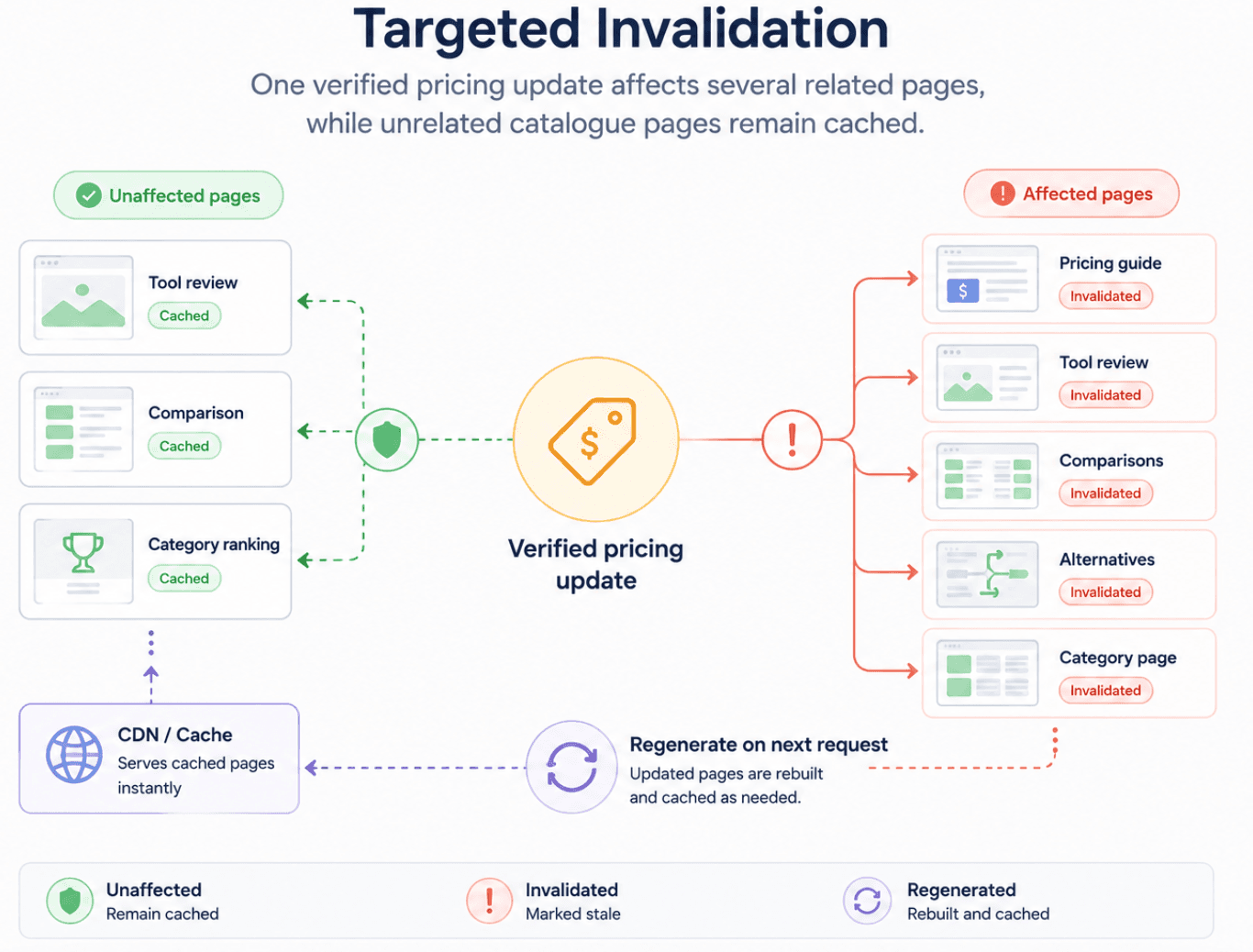 One verified pricing update invalidates a review, pricing guide, selected comparisons, and relevant category content while unrelated pages remain cached.