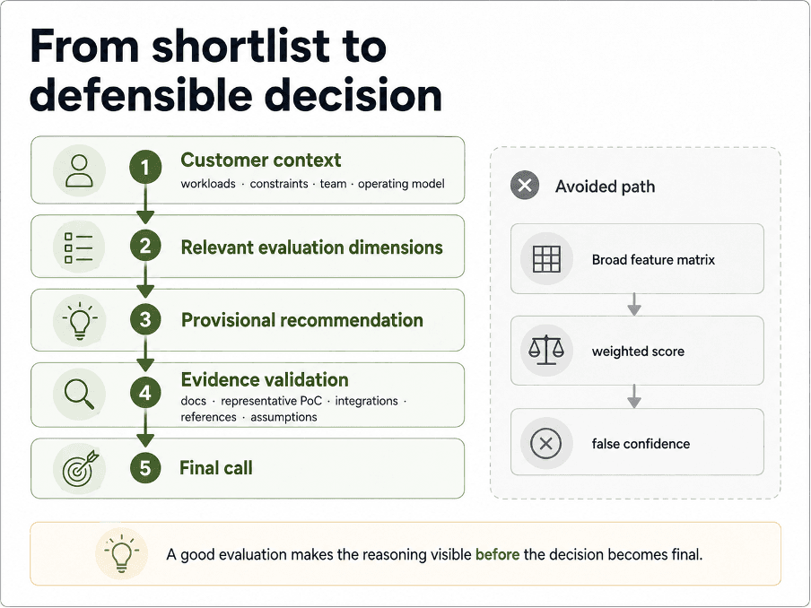 Framework diagram showing the path from a data platform shortlist to a defensible decision