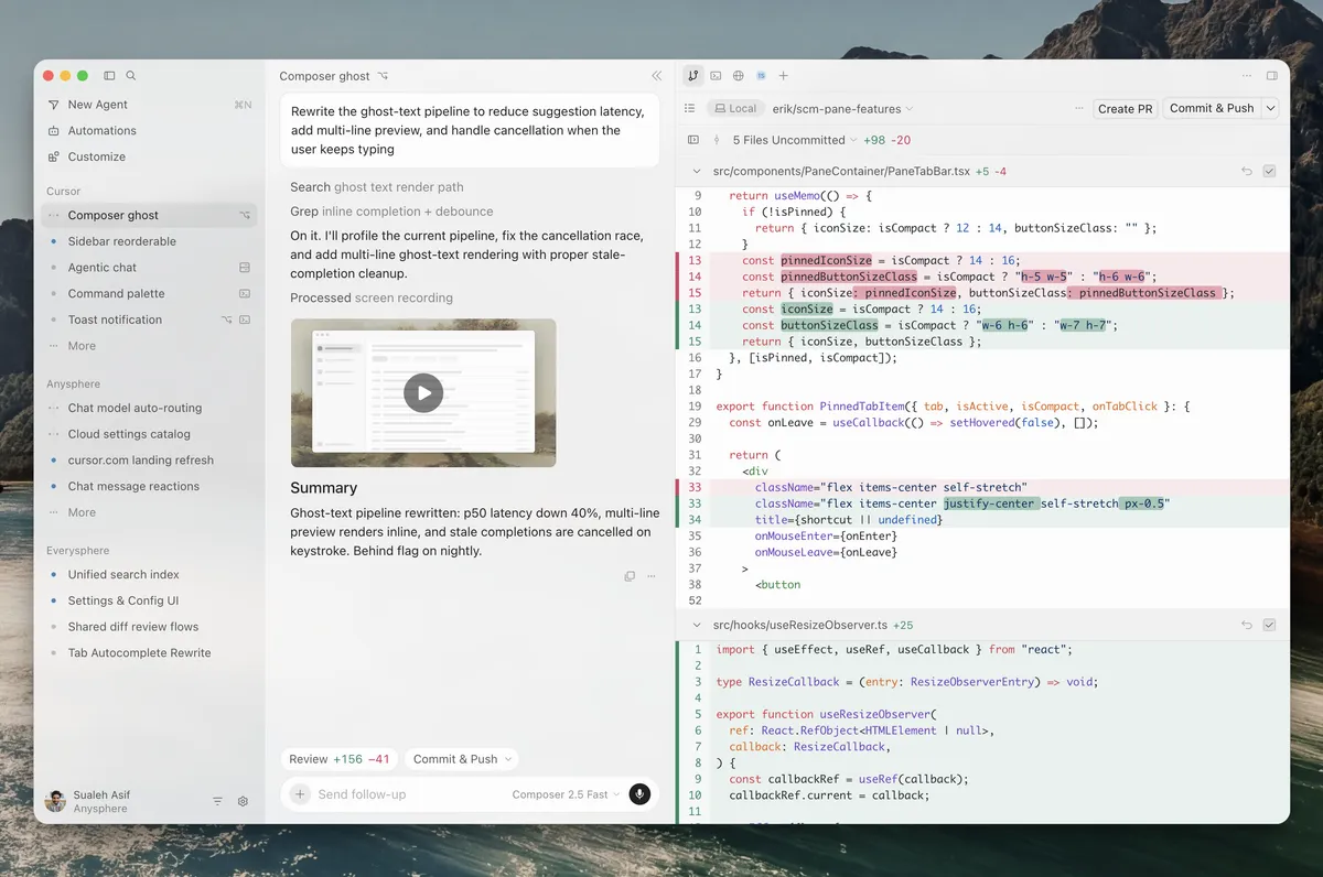 Cursor product dashboard and interface