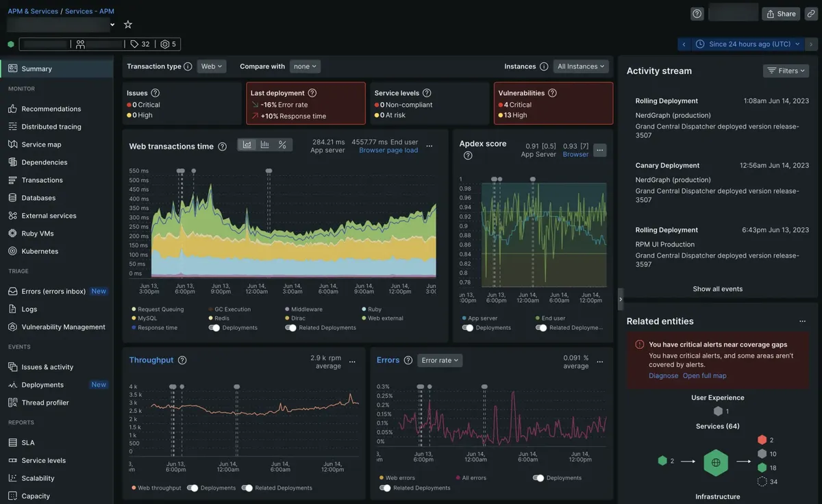 New Relic product interface