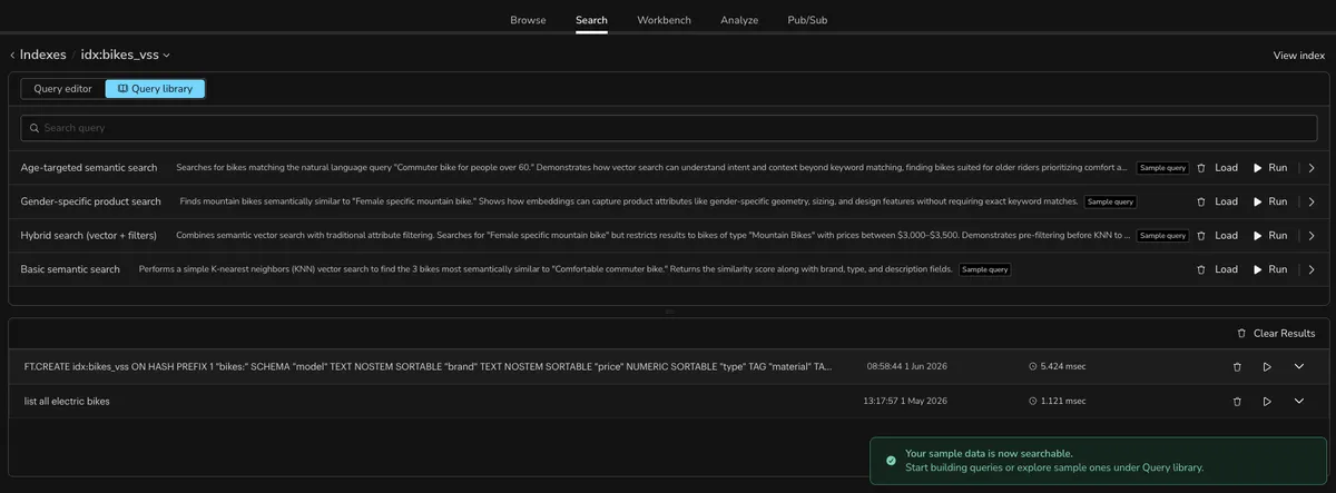 Redis Vector Search product dashboard and interface